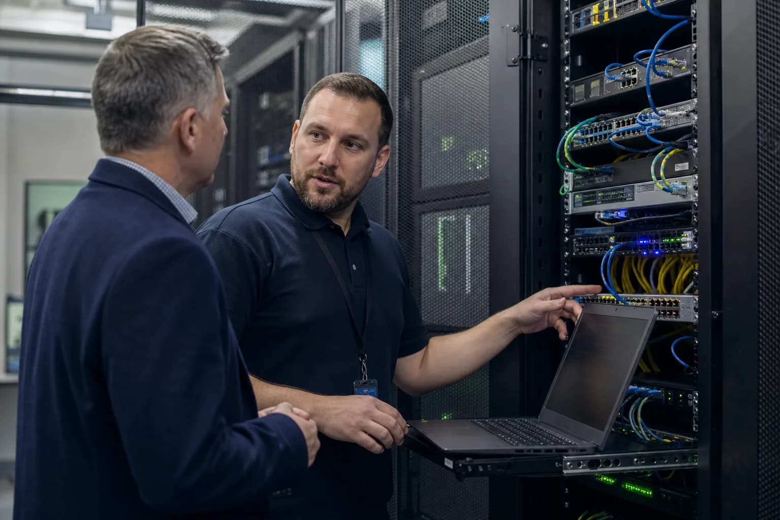 Managed IT technician diagnosing a network issue in a small-business server room