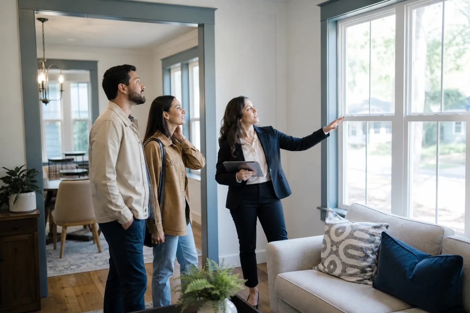 Local real-estate agent guiding buyers through a naturally lit home