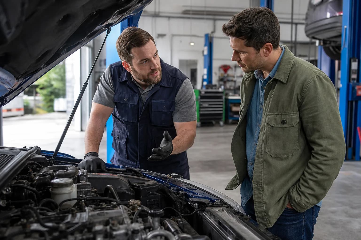 Independent mechanic explaining a vehicle diagnosis beside an open hood