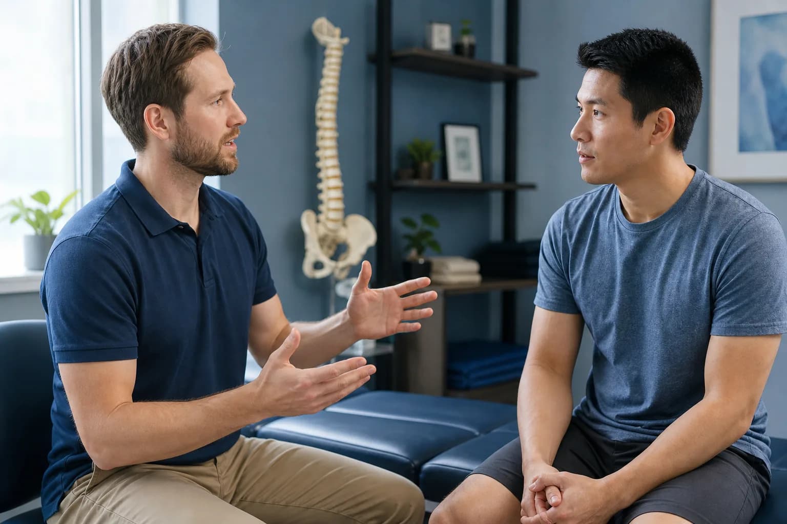 Independent chiropractor discussing mobility and posture with a patient