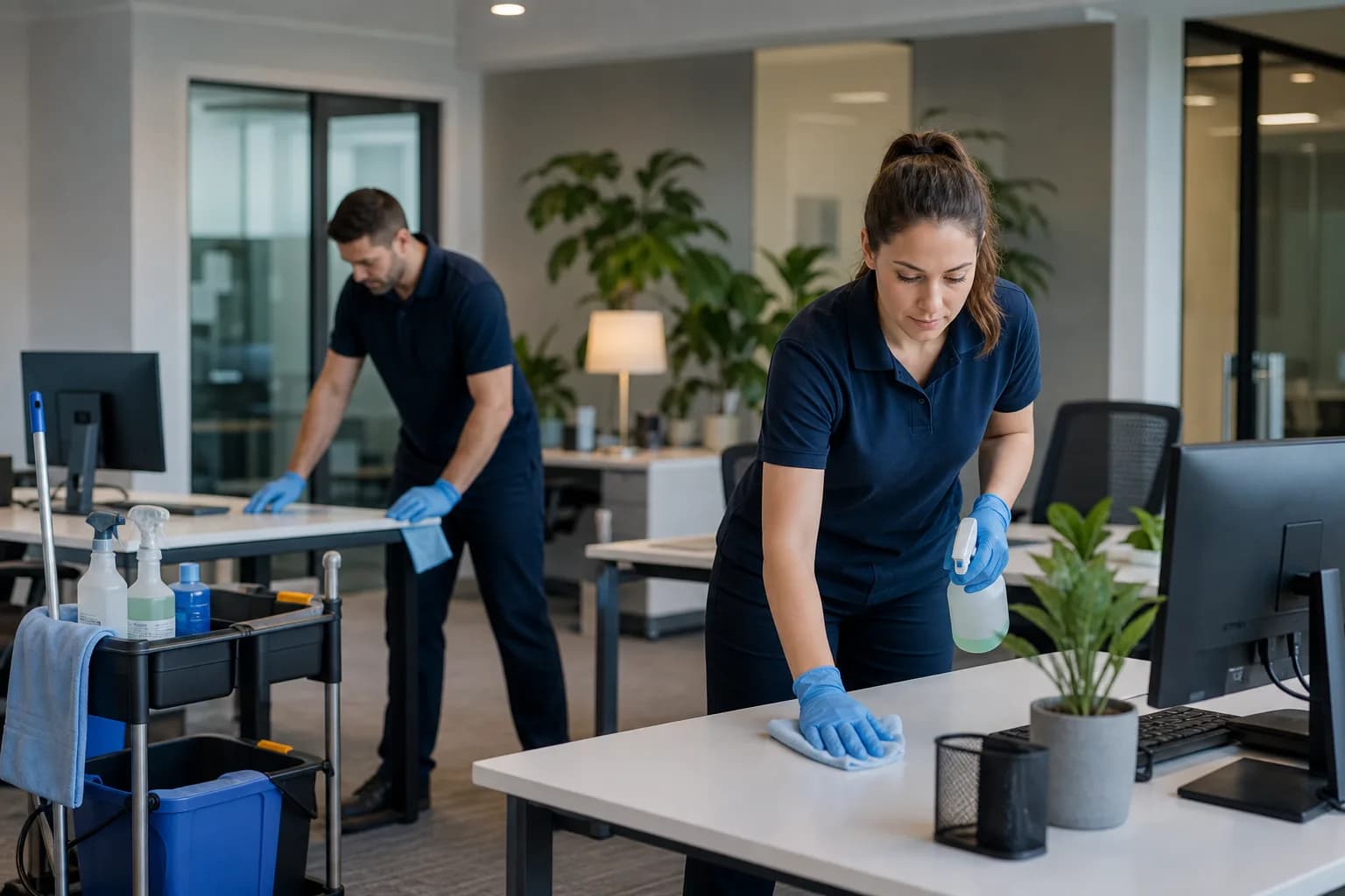 Professional cleaning team refreshing a local office after hours