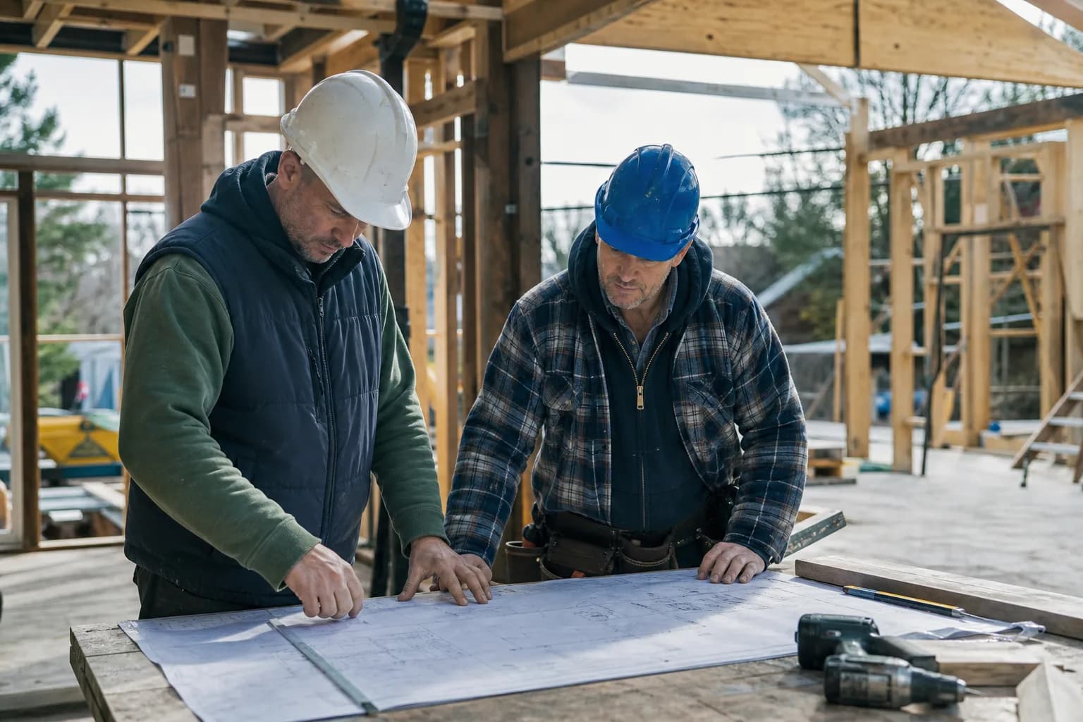 Construction company owner and site supervisor reviewing building plans at a residential renovation