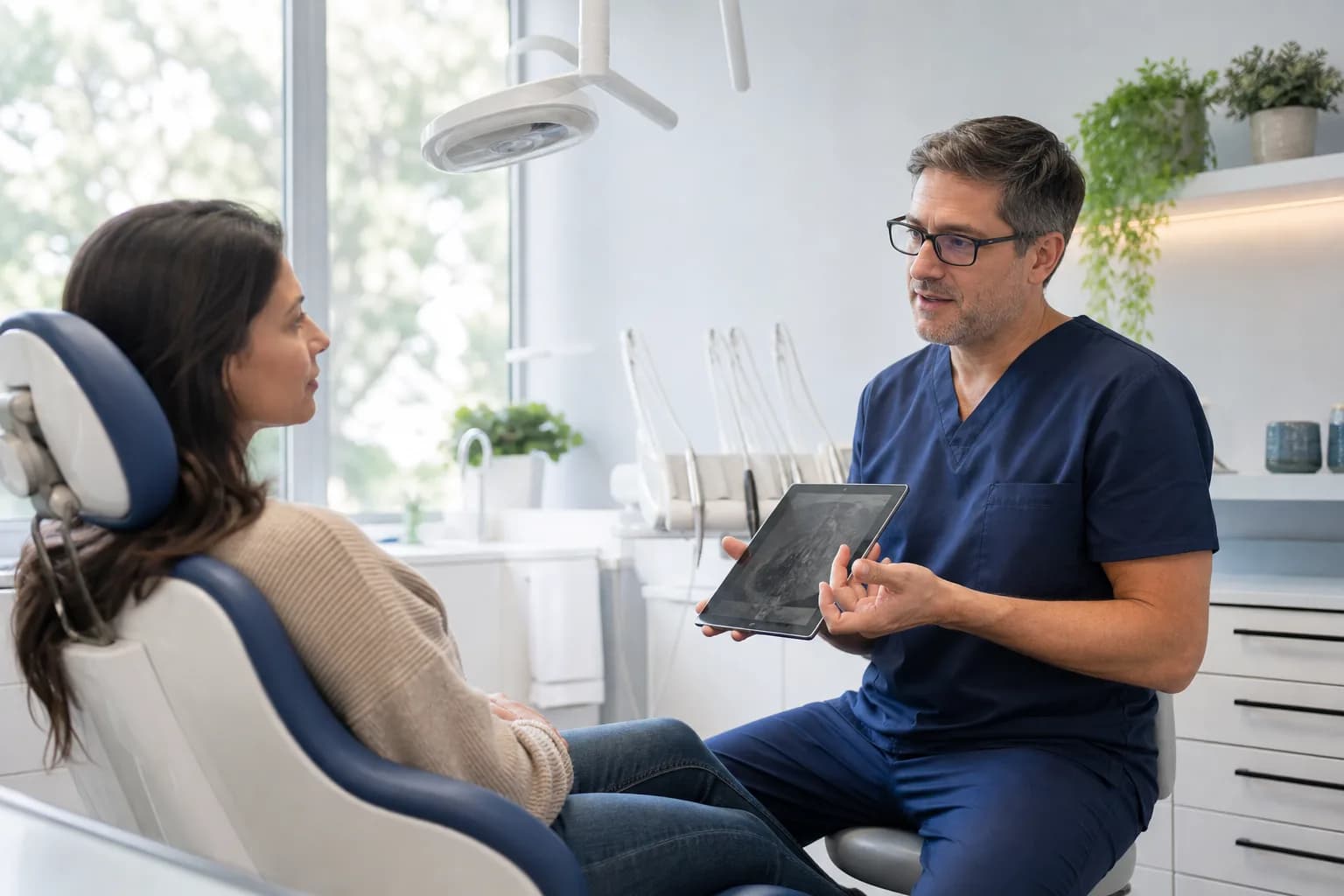Independent dentist explaining a treatment plan to a patient in a neighborhood clinic