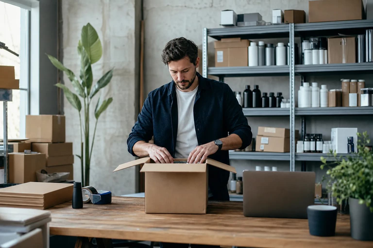 Independent ecommerce owner packing customer orders in a small warehouse studio