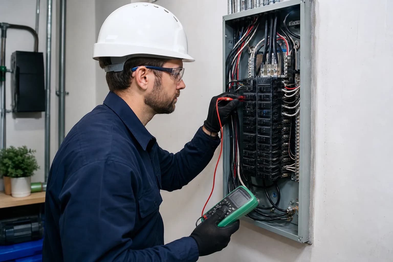 Licensed electrician testing a residential breaker panel