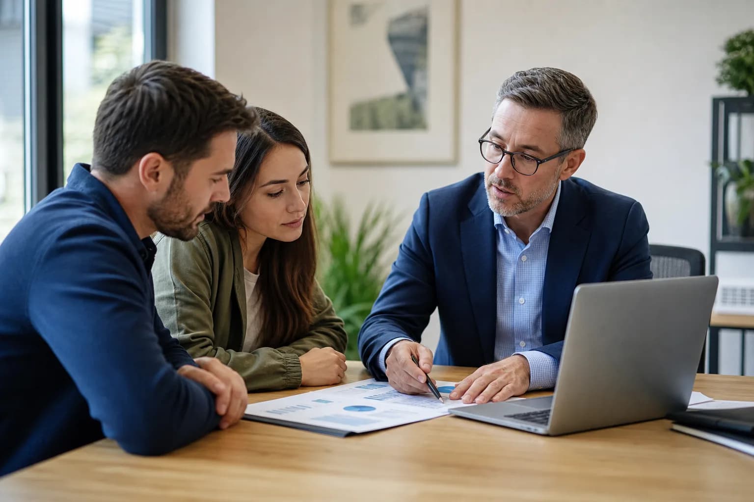 Independent financial advisor reviewing a long-term plan with a couple