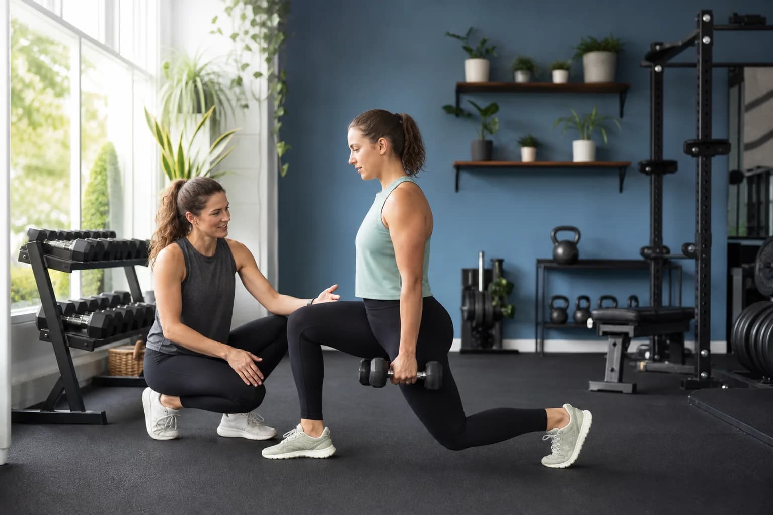 Personal trainer coaching a client through a controlled strength exercise