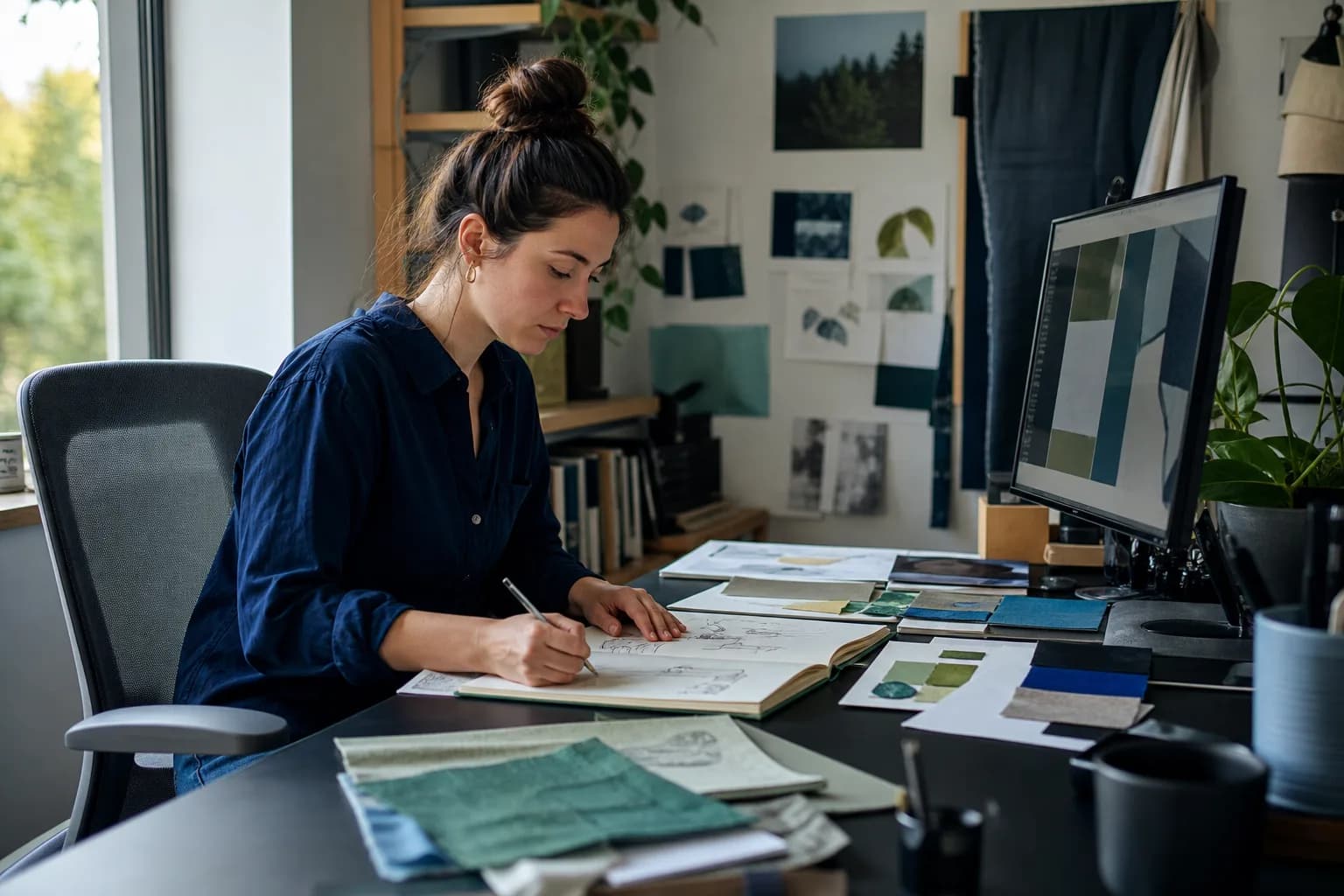 Independent creative professional developing a visual project in a compact home studio