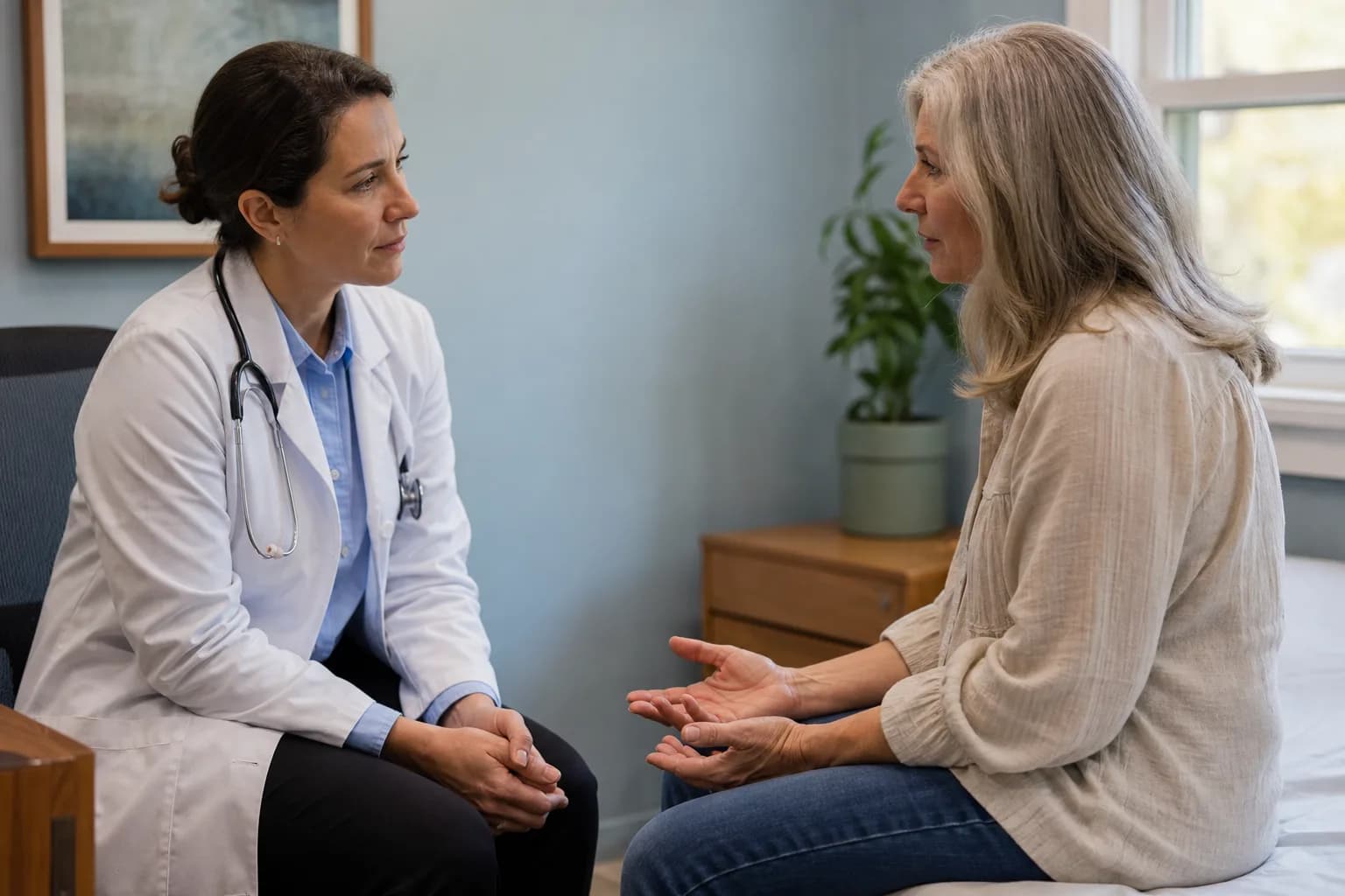 Primary-care clinician listening to a patient in an independent medical practice
