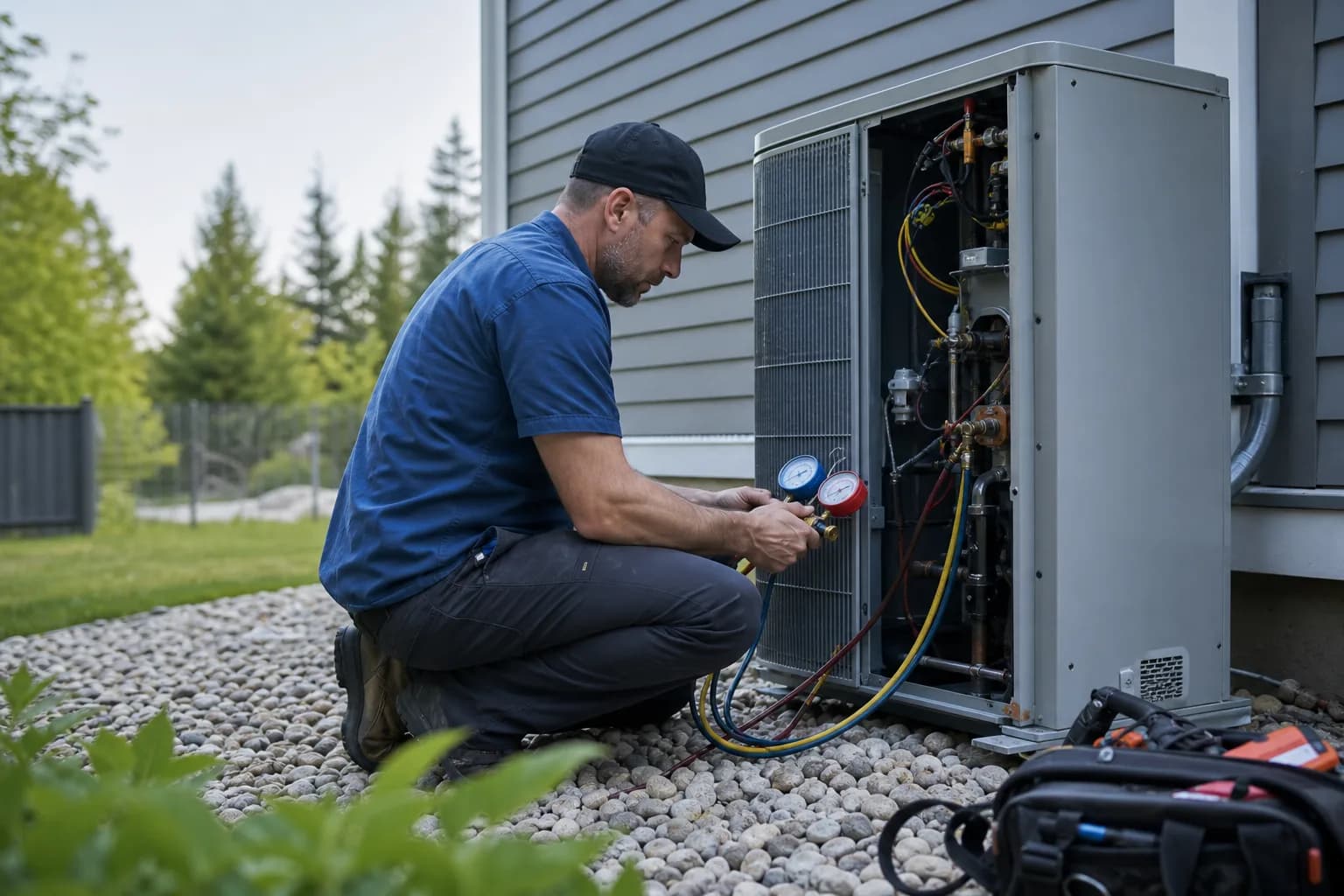 HVAC technician diagnosing a residential heat-pump unit outdoors