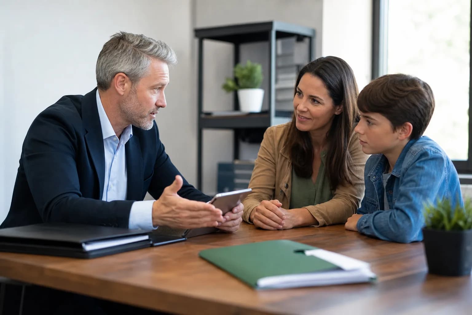 Independent insurance advisor discussing coverage with a local family