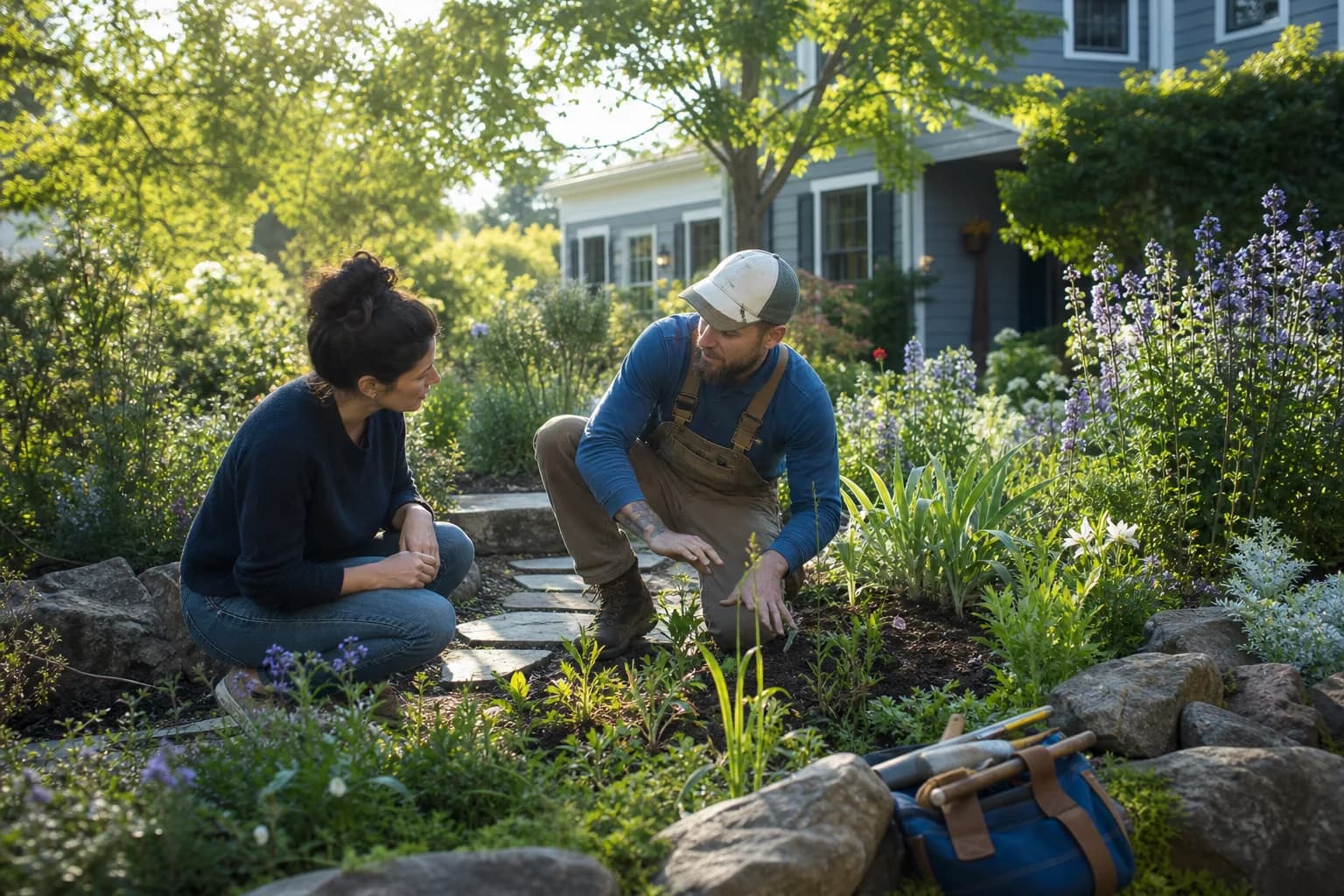 Independent landscaper consulting with a homeowner in a native residential garden
