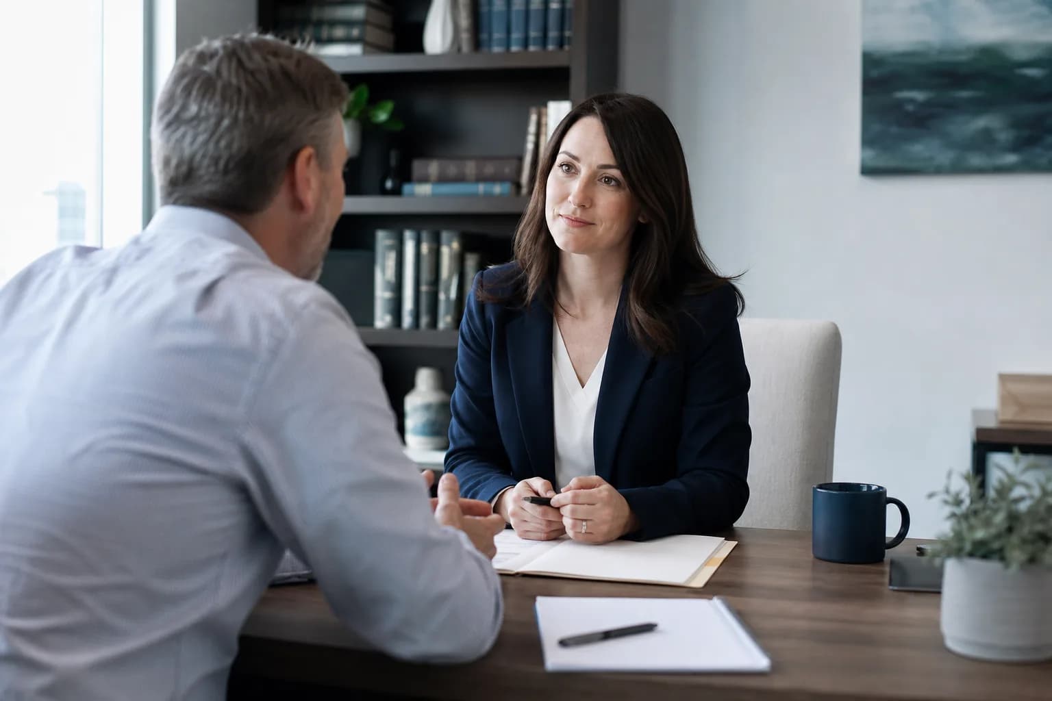 Small-firm attorney listening to a local business owner during a conference-room consultation