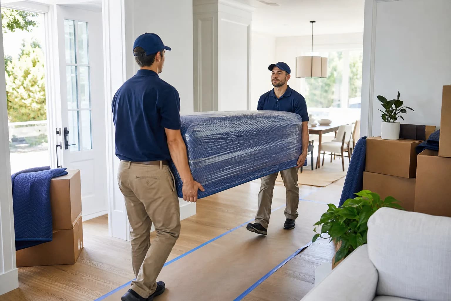 Local moving crew carefully carrying wrapped furniture through a home