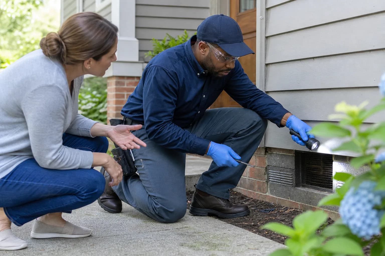 Pest-control professional inspecting a home's exterior foundation and entry points