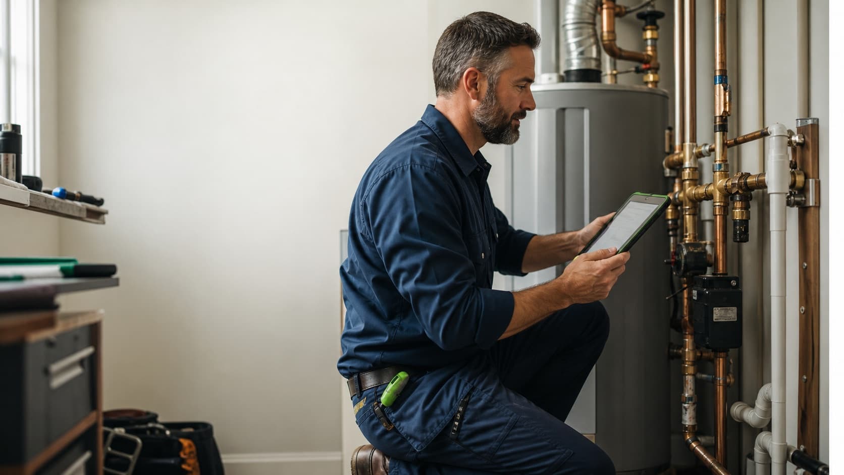 Independent plumber inspecting a residential water-heater system while reviewing information on a tablet