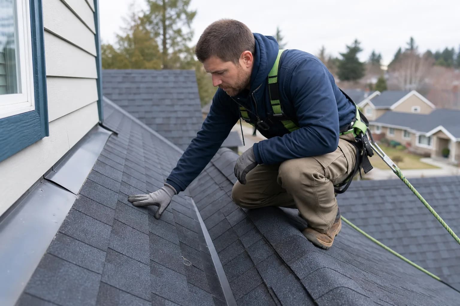 Roofing professional safely inspecting shingles and flashing on a residential roof