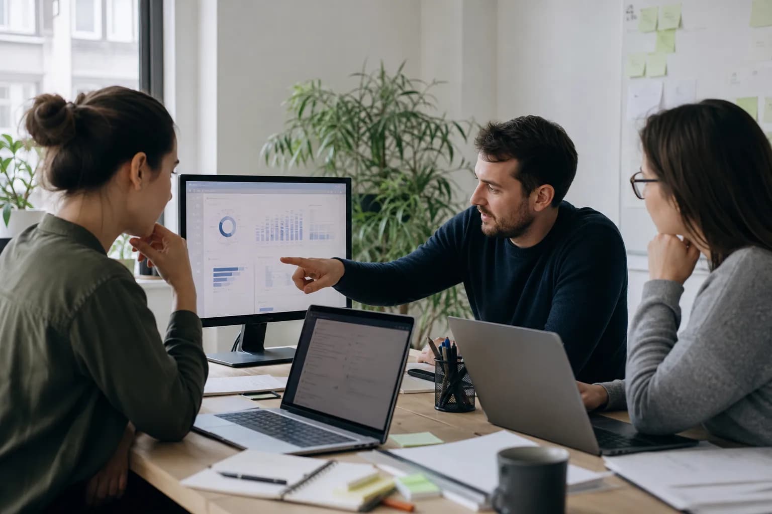 Small SaaS product team reviewing customer feedback together