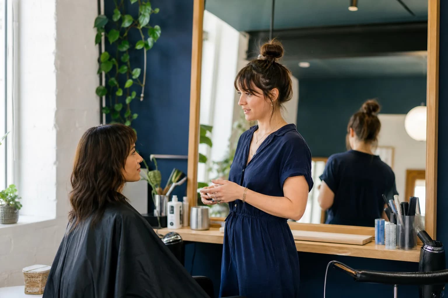 Independent salon professional consulting with a client before a haircut