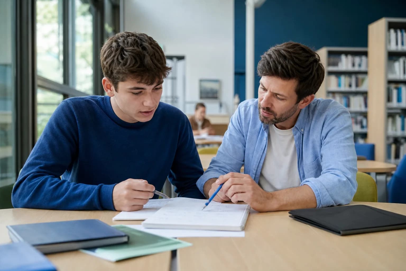 Independent tutor helping a student reason through a problem at a library table