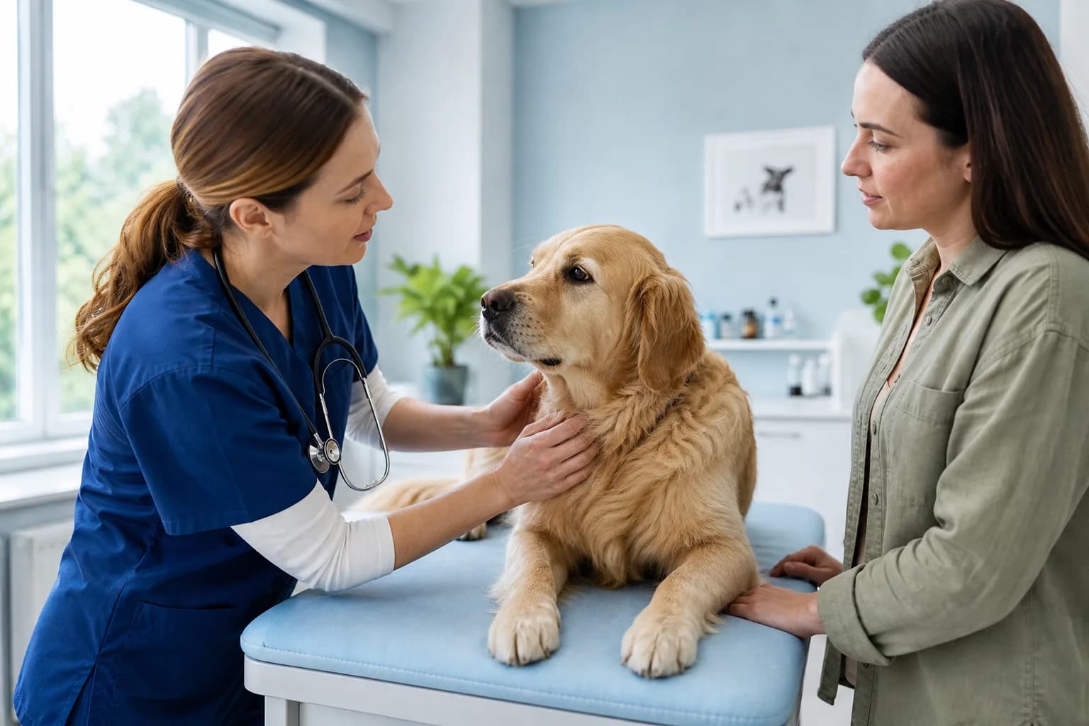 Independent veterinarian examining a calm dog while speaking with its owner